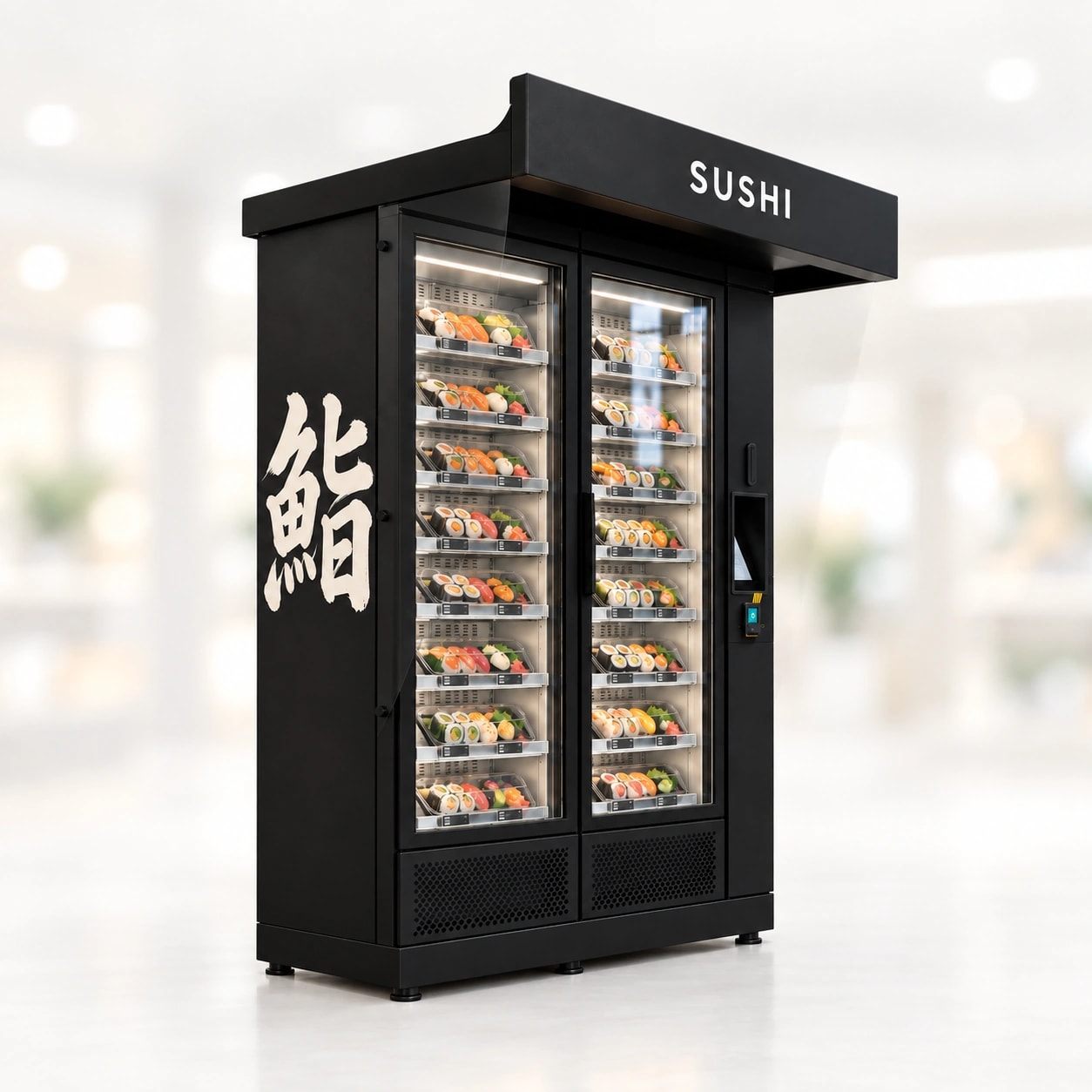 Black sushi vending machine with glass doors and a SUSHI sign